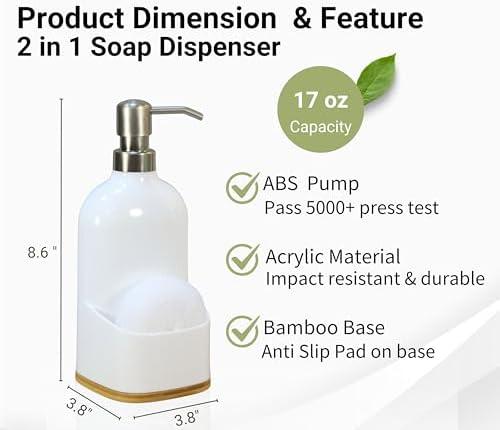 Clasin Home Kitchen Soap Dispenser with Sponge Holder, Refillable