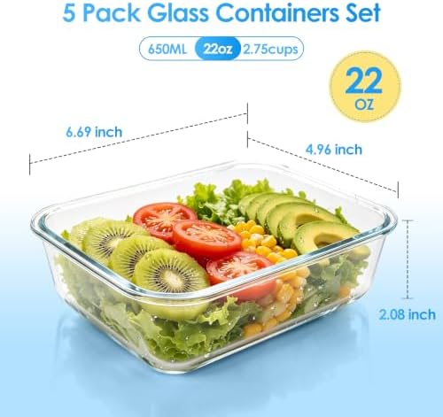 5 Pack 22 oz Glass Food Storage Containers, Grey