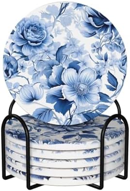 Coaster for Drinks Set of 6, Blue Vintage Spanish Ceramic Floral