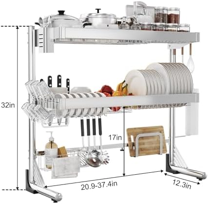 3-Tier Adjustable Stainless Steel Over-the-Sink Dish Rack