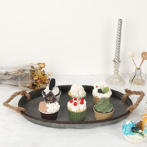 Hipiwe Galvanized Metal Iron Tray Farmhouse Serving Trays with Rope