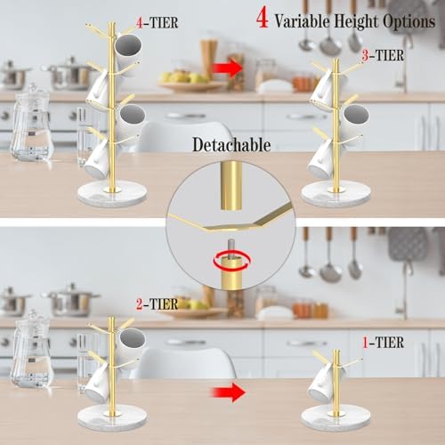 Gold Marble Mug Holder Tree with 2–8 Adjustable Hooks