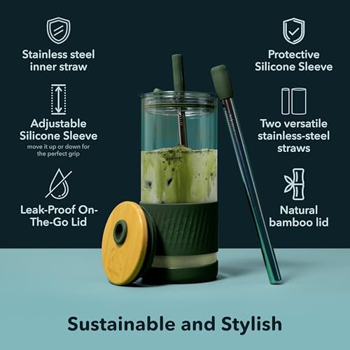 Pandaloo® Glass Cups With Lids and Straws -20 Fl Oz- Perfect Size Iced
