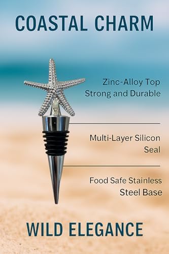 Decorative Starfish Wine Bottle Stoppers, Silver Chrome Finish, Set of
