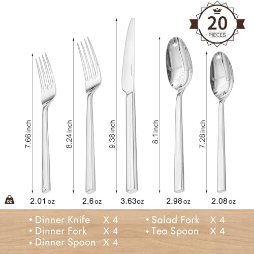 Silverware Set for 4, 20 Piece Flatware Set, Stainless Steel