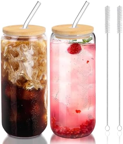 Glass Cups with Lids and Straws Set of 2 - Iced Coffee Cups with Lids