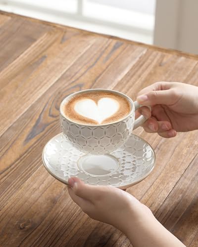 MALACASA 8 OZ Cappuccino Cups with Saucers, Embossed Latte Mugs Set of