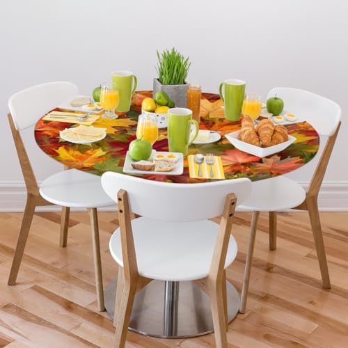 Pardick Maple Leaves Round Fitted Tablecloth with Elastic 40-44In