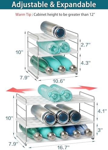10.6-16.7" Adjustable Width Water Bottle Organizer for Cabinet, 3-Tier