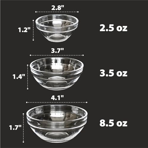 3 Sizes of Clear Glass Bowls, 2.5, 3.5 & 8.5 oz, Small Prep Bowls for