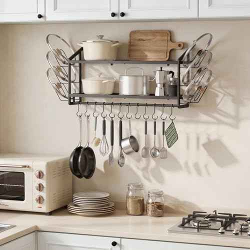 30"Pot Rack Wall Mounted with 6 Pot Lid Holders,12 Hooks for Hanging Pans