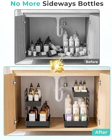 EVERIE Height Adjustable 2 Tier Metal Pull Out Slide Shelf Organizer for Under Sink Cabinets in Kitchen, Bathroom, with Snap-on Top Tray, 16" Deep (Black, 2 Sets)