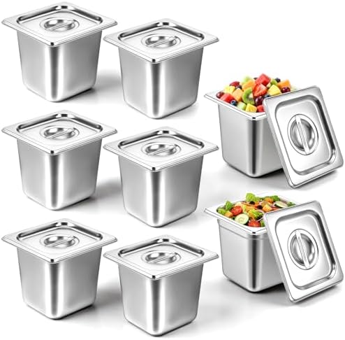 8 Pack Stainless Steel Hotel Pans, 1/6 Size Hotel Steam Table Pan