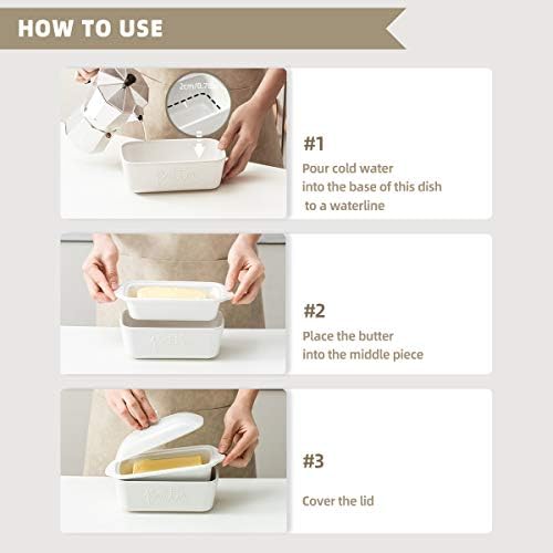 FE Butter Dish, 10 oz Ceramic Butter Keeper with Water Line, French