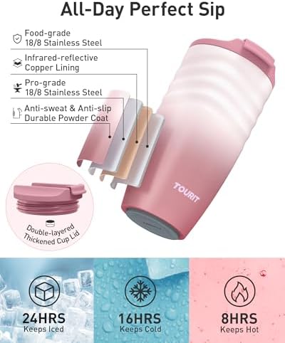 TOURIT 16 oz Insulated Travel Coffee Mug Stainless Steel Tumbler