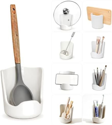 Upright Ceramic Spoon Rest, White Kitchen Cooking Spoon Holder
