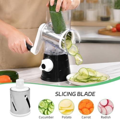 Rotary Cheese Grater, Hand Crank, 3 Blades, Black