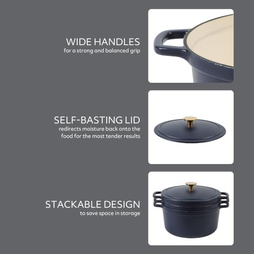 Sur La Table Kitchen Essentials 4-Piece Enameled Cast Iron Stackable Cookware Set, 5.3 Qt Dutch Oven with Lid, Braiser & Grill Pan, Navy Blue, Gold Knob Oven Safe to 500°F, Induction Compatible