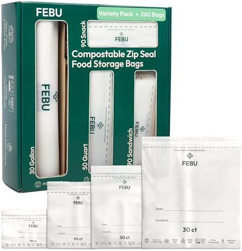 FEBU Compostable Food Storage Bags Variety Pack, 260 Count