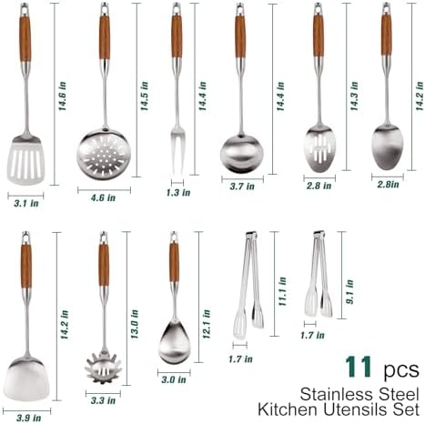 11-Piece 304 Stainless Steel Utensil Set with Wooden Handle