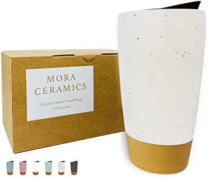 Mora Double Wall Ceramic Coffee Travel Mug with Lid, 14 oz, Portable