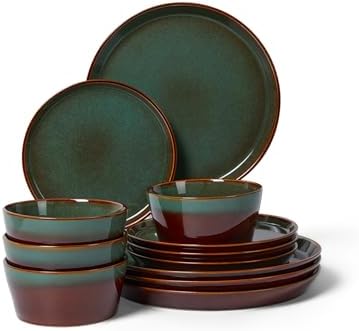 Pokini Ceramic Plates and Bowls Sets for 4, 12pcs Dinnerware Sets