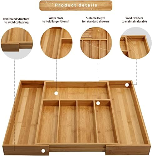 VaeFae Bamboo Silverware Drawer Organizer with Knife Block Set