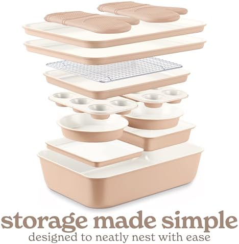 Country Kitchen Nonstick Stackable Bakeware Set - Deluxe Heavy Duty, Durable, Easy Release Baking Set, Taupe, 13 Pcs with Handles