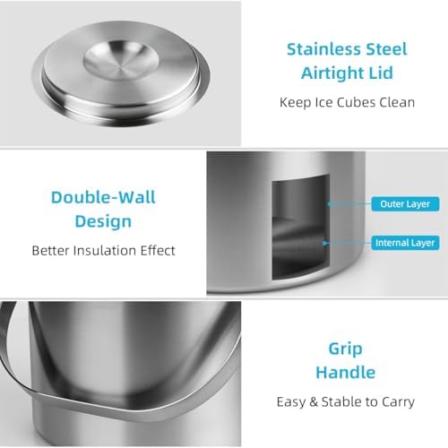 ChefBee 3L Double-Wall Stainless Steel Ice Bucket with Lid & Tongs