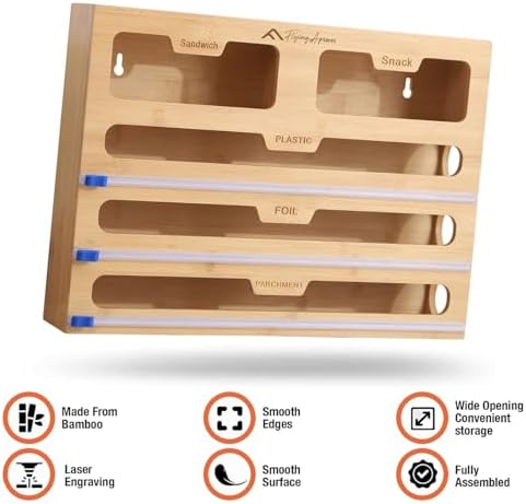 APSARAS USA 5 in 1 Bamboo Foil and Plastic Wrap Organizer for Kitchen Drawer, Ziplock Bag Organizer, Saran Wrap Dispenser with Cutter, Plastic Bag Organizer, Food Storage Bag Organization