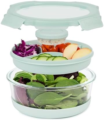 SnapLock Glass Food Storage Salad Container with Divided Upper Tray