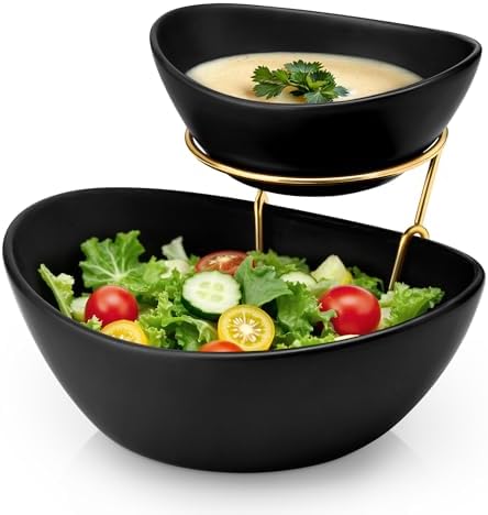 MALACASA 2 Tier Chip and Dip Serving Set with Metal Stand,Ceramic Appetizer Bowls for Party, Multi-Use Food Display for Fruits, Snacks,Black Elegant Tiered Serving Dishes for Party