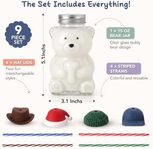 Teddy Bear Glass Cup with 4 Interchangeable Hat Lids & 4 Reusable
