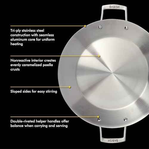 Babish 13 Inch Tri-Ply Stainless Steel Paella Pan, Large Skillet