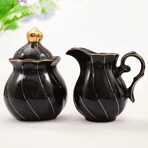 DUJUST Black Cream & Sugar Set, Luxury British Design in Golden Trims