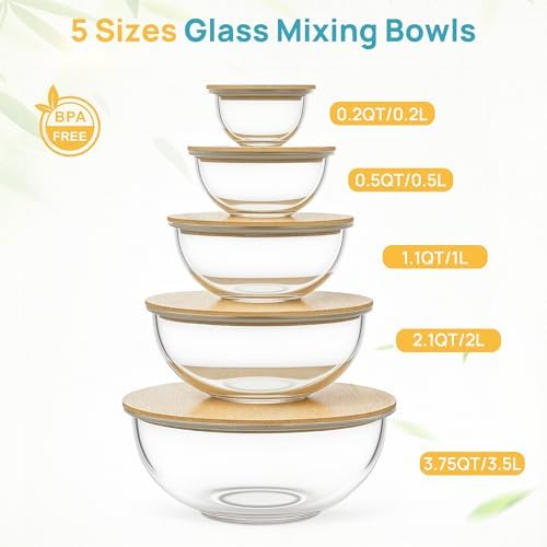 Vtopmart 5 Pack Glass Mixing Bowls with Bamboo Lids, Nesting Set