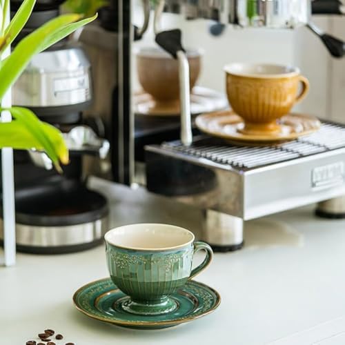 WAIT FLY Vintage Embossed Ceramic Coffee Mug with Saucer Set, Espresso