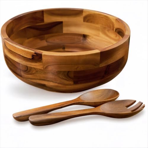 Tidita 12" Salad Bowl Set with Serving Utensils, Solid Wood, Generous