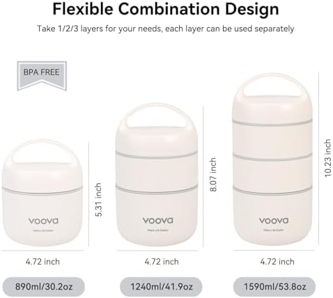 Voova Stackable Stainless Steel Lunch Box, 3-Tier (Beige)