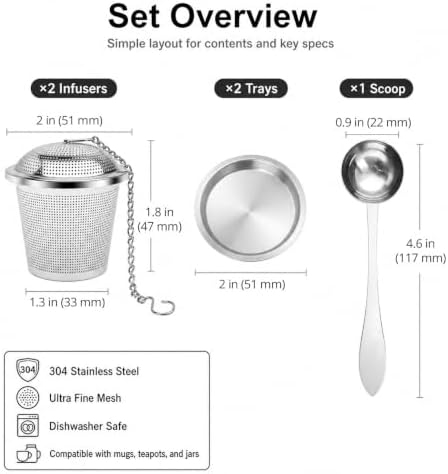QWORK Tea Infuser Set of 2 with Scoop & Drip Trays – 304 Stainless
