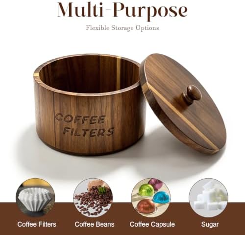 Acacia Wood Coffee Filter Holder, Wooden Storage Container with Lid