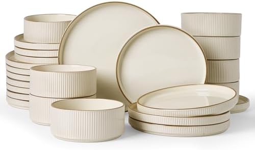 Famiware Stoneware Dinnerware Set for 8, Rimmed Plates, Bowls, Cream Dishes