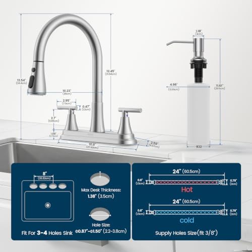 Hurran 8" 2-Handle Pull Down Kitchen Faucet & Soap Dispenser Brushed