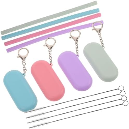 4 Sets Portable Silicone Reusable Drinking Straws with Keychain