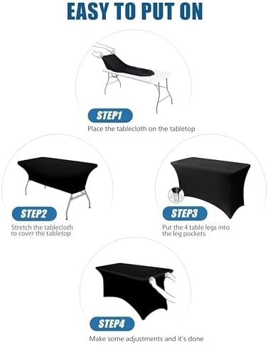 4FT Black Table Cloth - 2 Pack, Fitted Stretch Rectangle Spandex