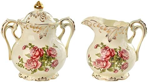 YOLIFE Ceramic Sugar and Creamer Set, Vintage Sugar Bowl (Pink Rose)