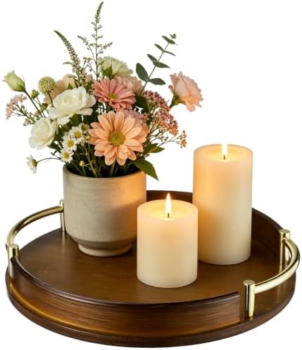Round Decorative Tray with Gold Metal Handles, 11.8 in Wood Serving