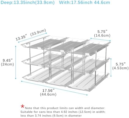 Can Organizer For Pantry, Adjustable Height And Width Canned Goods Organizer, Roller Soup Can Organizer Holds Up to 36 Cans for Kitchen Cabinet or Refrigerator(CLear 3 Tier)