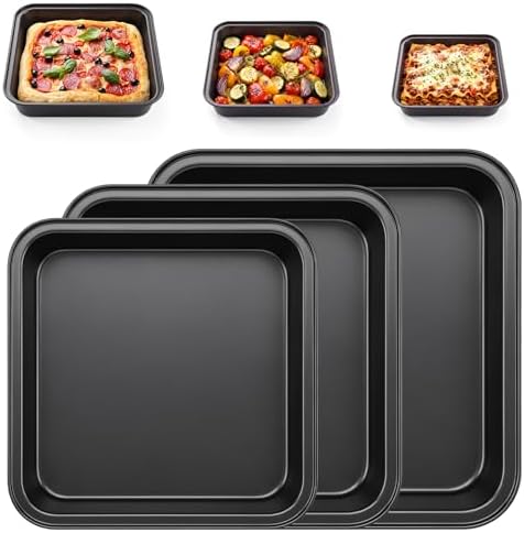 Hushee 3 Pcs Square Pizza Pans, 8, 9 and 10 Inch Carbon Steel Bakeware