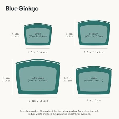 Blue Ginkgo Silicone Food Storage Bags, 4-Pack, Reusable, Made in